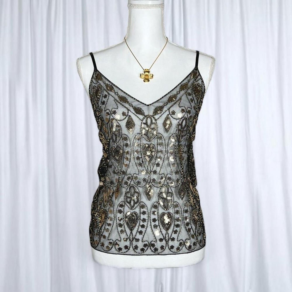 Black Silver Beaded Mesh Cami Top Floral Leaf Embroidery Y2K